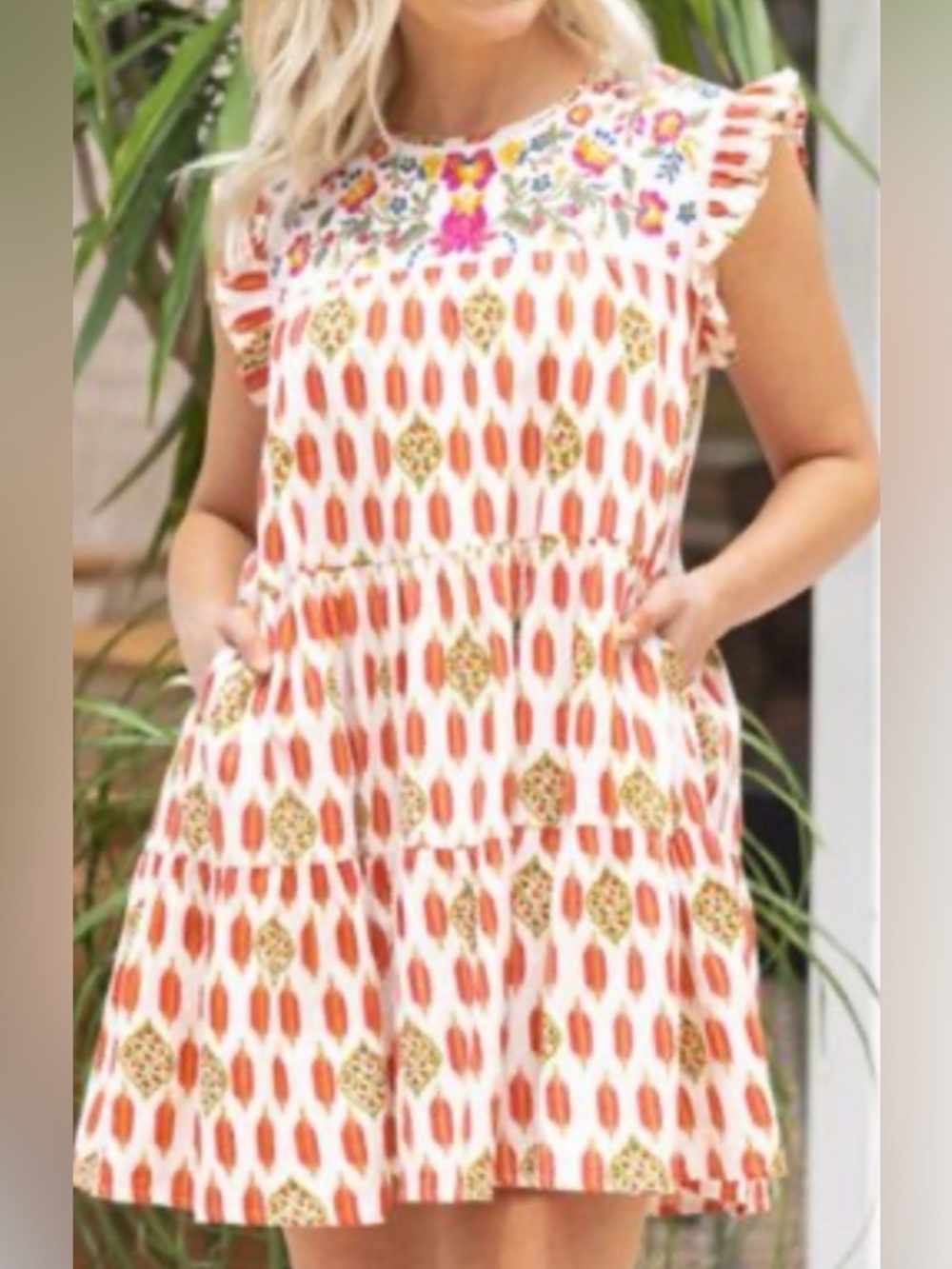 THML White Dress with Orange and Yellow Print